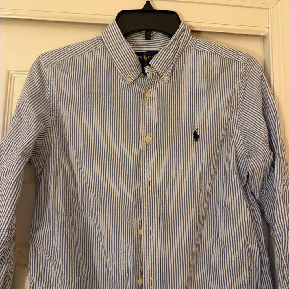 Ralph Lauren Men's Blue and White Striped Shirt
